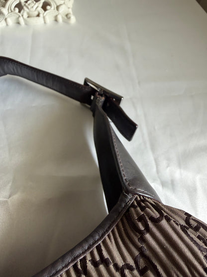 Authentic GUCCI Jackie Vintage Monogram Khaki x Dark Brown Satin Ruched / Pleated Hobo Shoulder Bag (Rare/Limited)