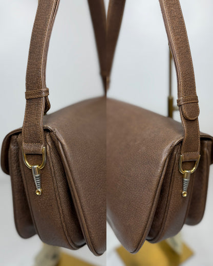 Authentic GUCCI 1955 Vintage Horsebit Shoulder & Crossbody Bag Brown Grained Leather | Mixed Gold & Silver Hardware
