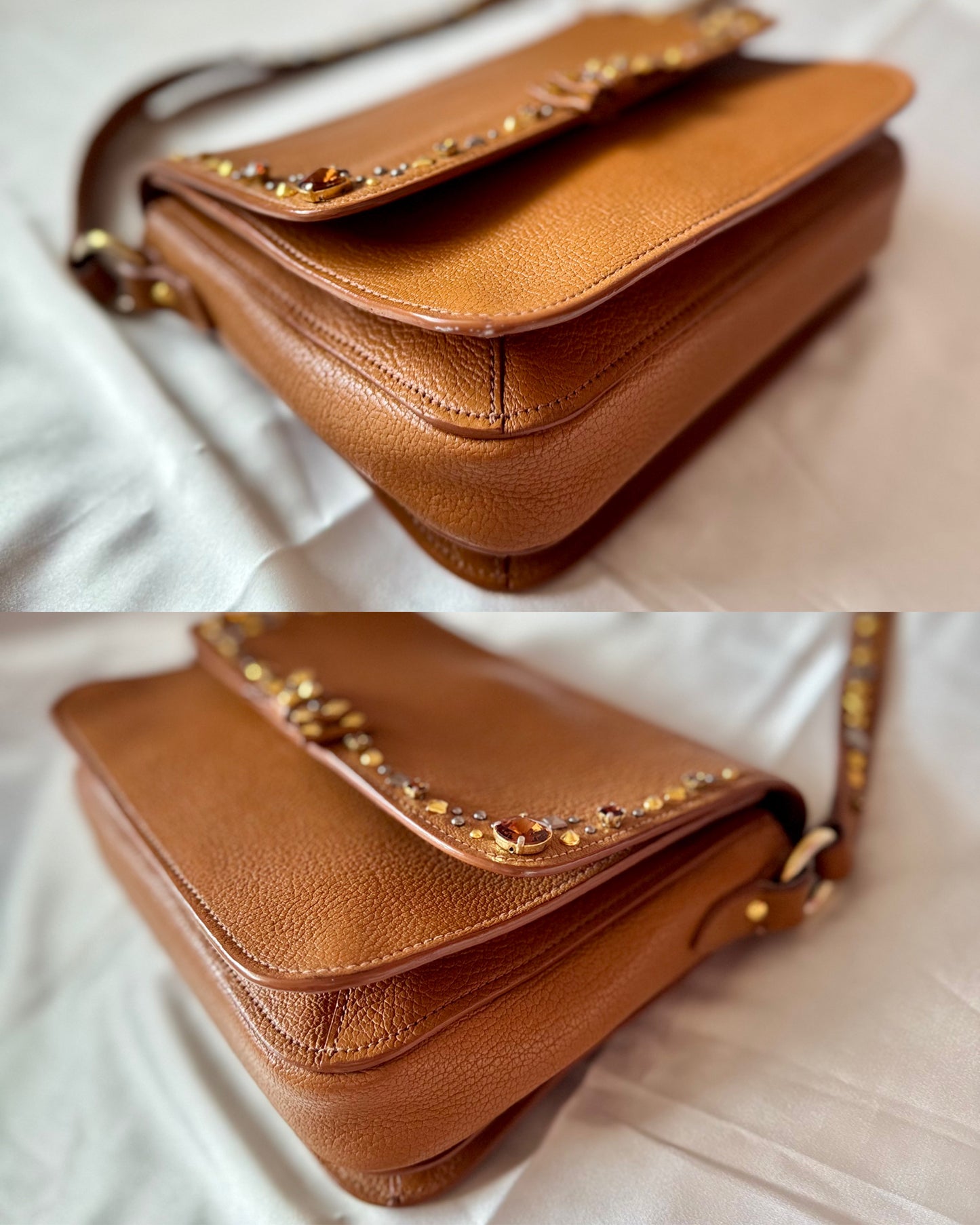 Authentic MIU MIU Madras Ribbon Camel Brown Leather Crystal Studs Embellished Shoulder Crossbody Bag