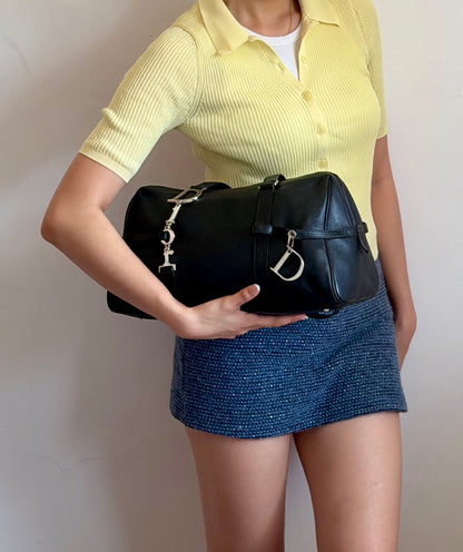 Authentic CHRISTIAN DIOR Spellout D-Charm Black Leather Bowler Boston Shoulder Bag