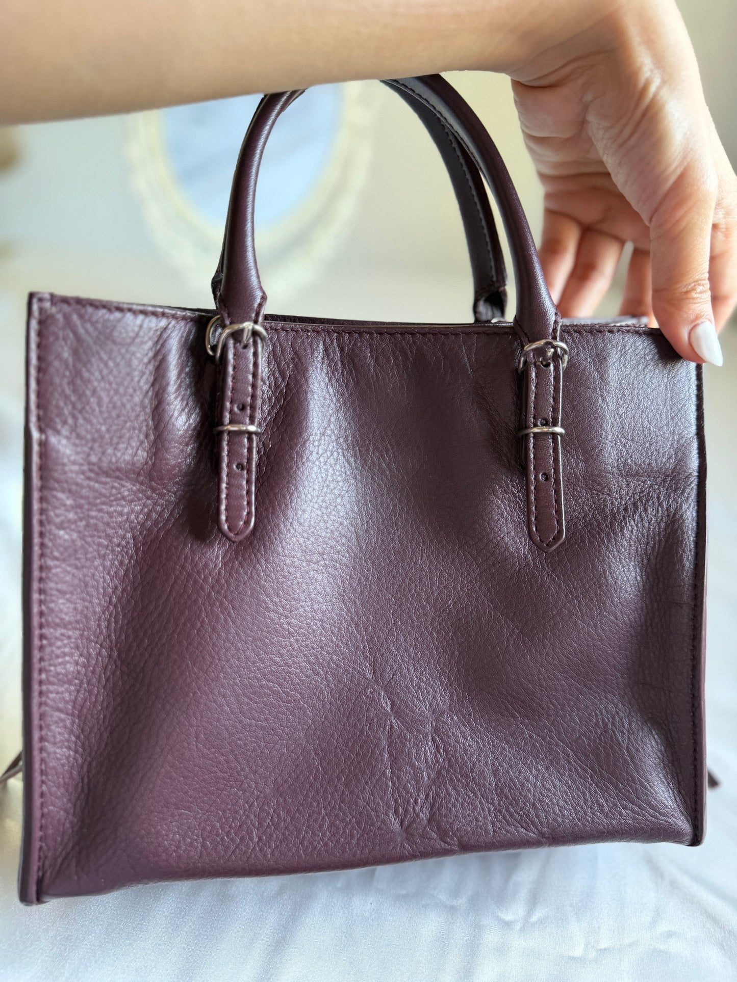 Authentic BALENCIAGA Burgundy Wine Calfskin Leather Mini Papier A4 Magnet Tote Bag