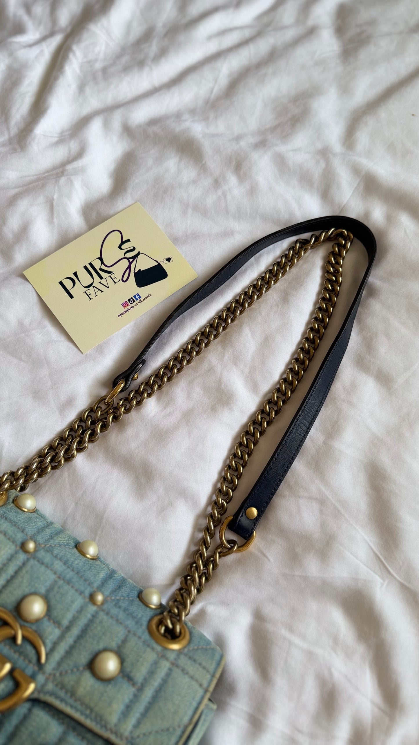 Authentic Gucci GG Marmont Matelassé Pearl Studded Blue Denim Shoulder Crossbody Bag
