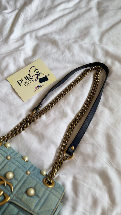 Authentic Gucci GG Marmont Matelassé Pearl Studded Blue Denim Shoulder Crossbody Bag