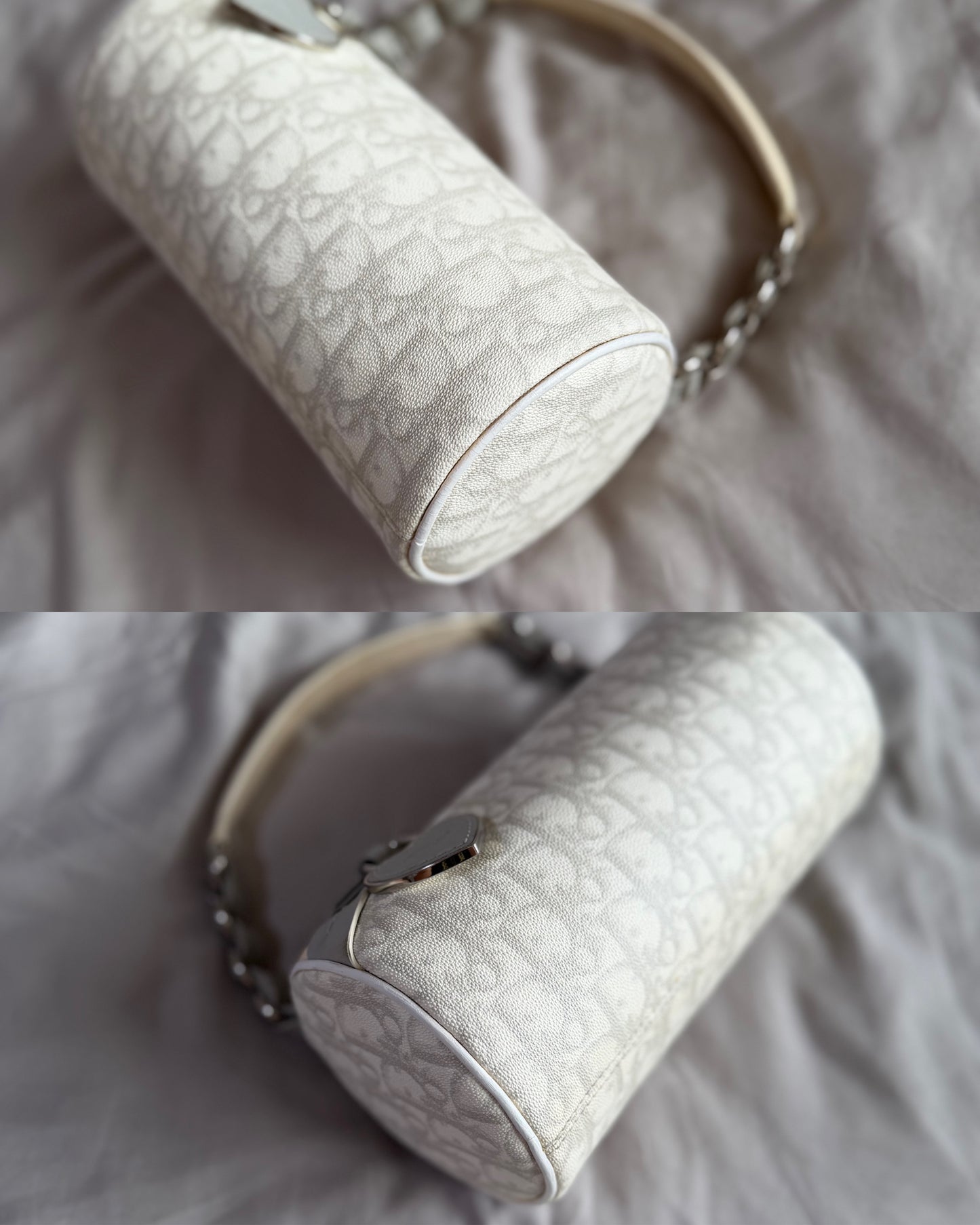 Authentic Vintage Christian Dior by John Galliano White x Grey Trotter Romantic Mini Boston Barrel Bag
