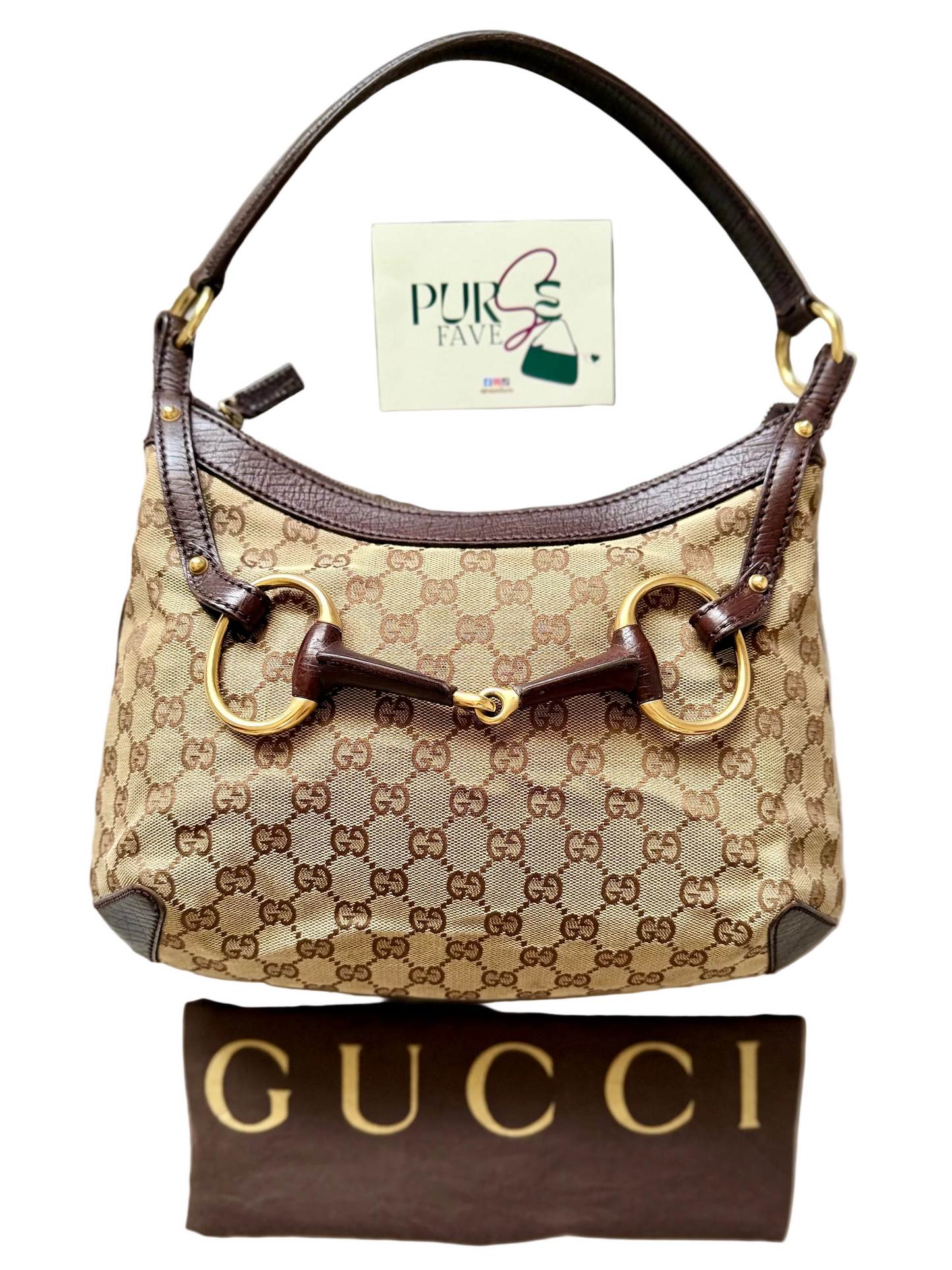 Authentic GUCCI Horsebit GG Canvas Brown Hobo Shoulder Bag