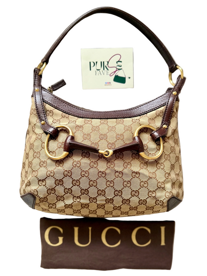 Authentic GUCCI Horsebit GG Canvas Brown Hobo Shoulder Bag