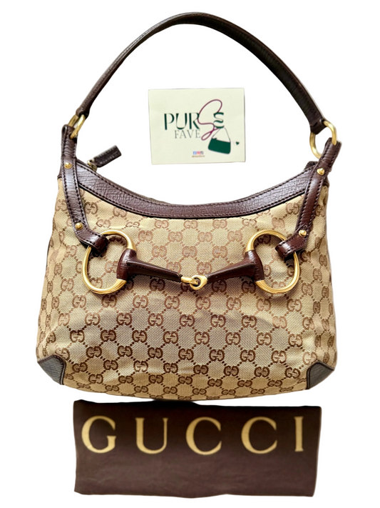 Authentic GUCCI Horsebit GG Canvas Brown Hobo Shoulder Bag