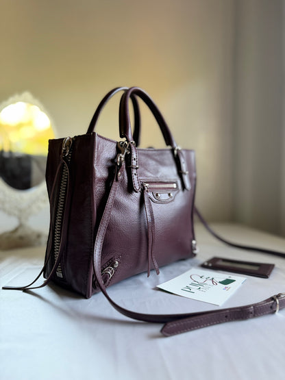 Authentic BALENCIAGA Burgundy Wine Calfskin Leather Mini Papier A4 Magnet Tote Bag