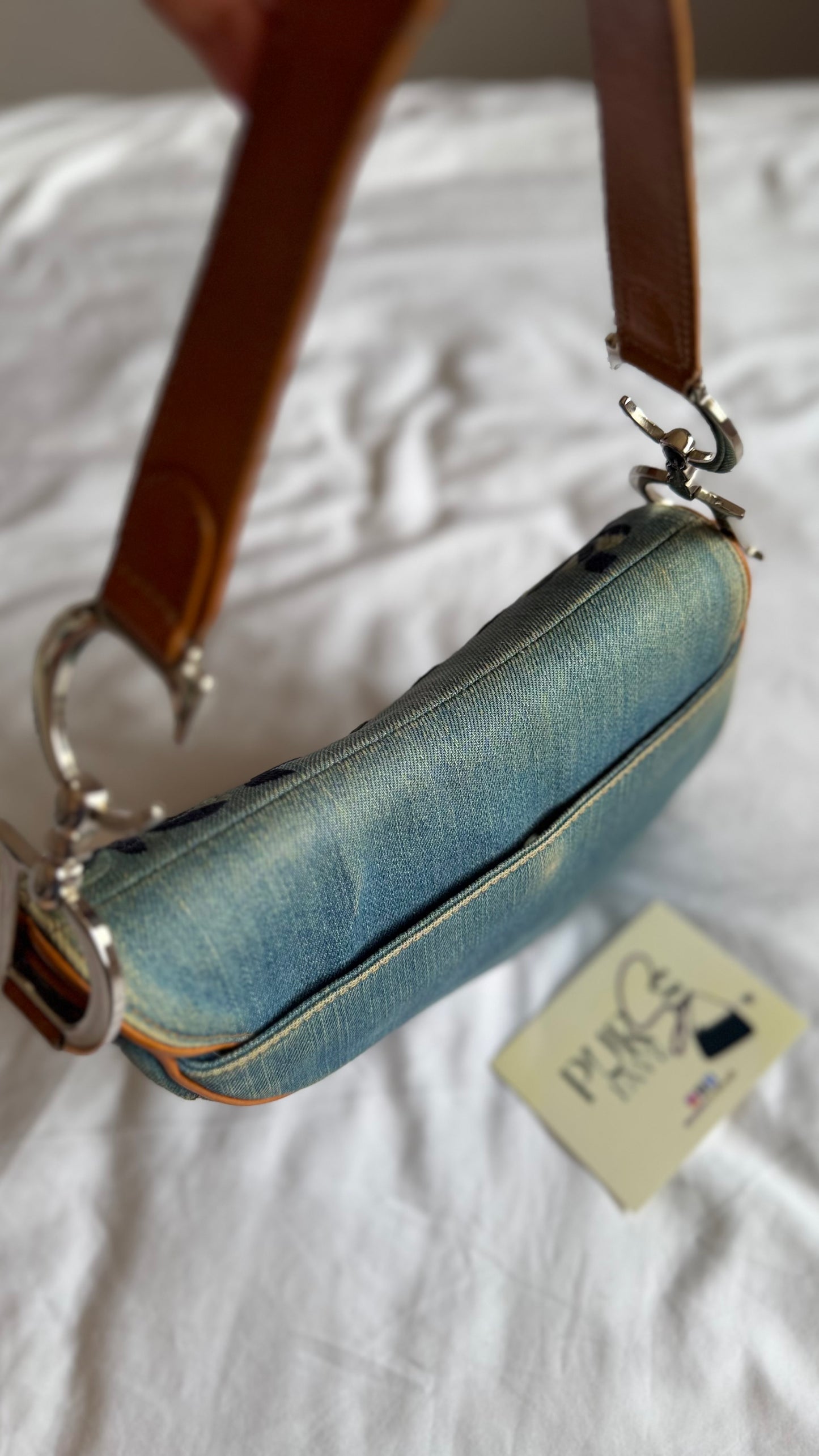 Authentic Vintage Christian Dior Light Blue Denim Saddle Shoulder Bag w/ Embroidered Floral & Butterfly Motifs