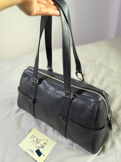 Authentic CHRISTIAN DIOR Spellout D-Charm Black Leather Bowler Boston Shoulder Bag