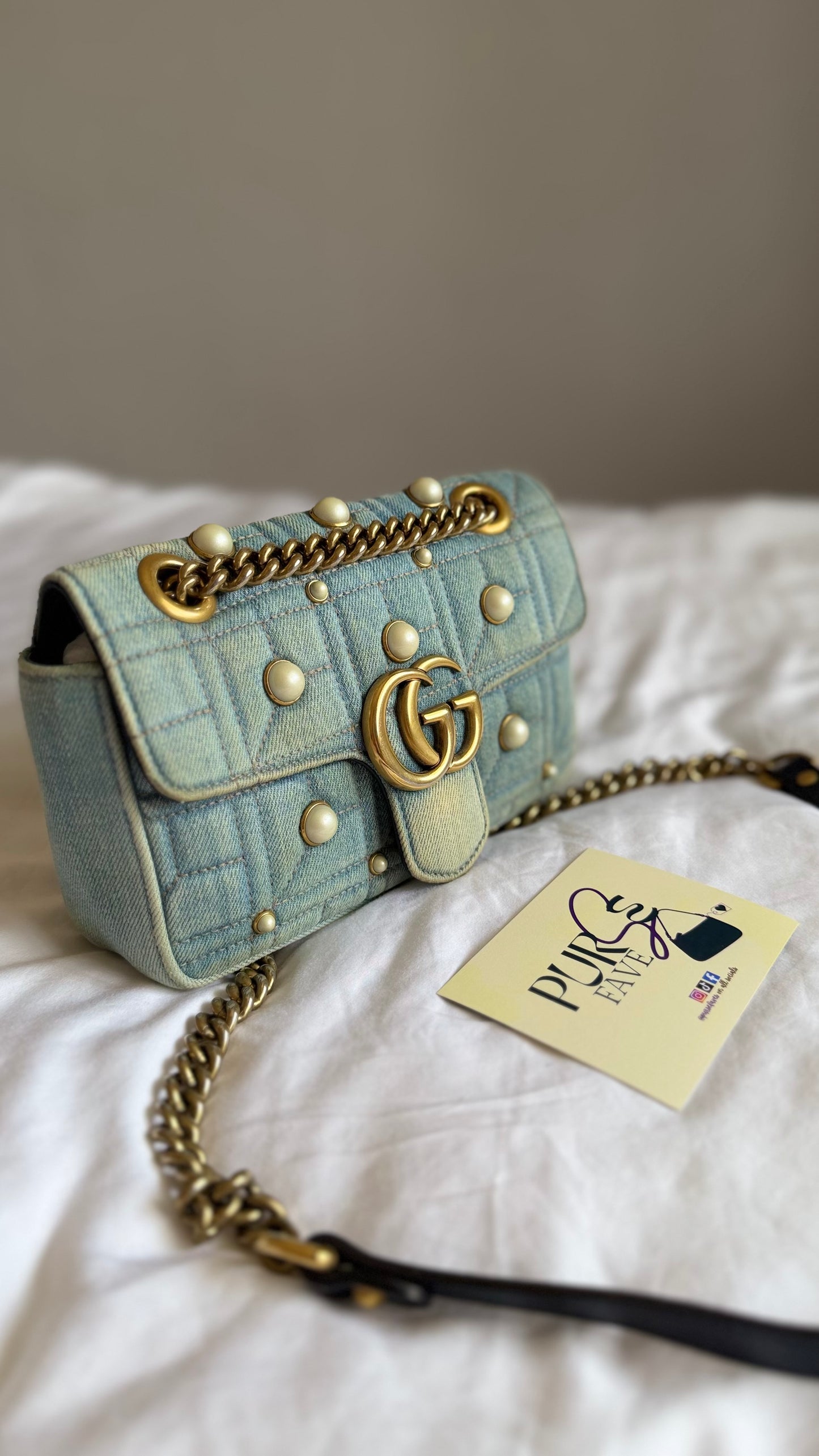 Authentic Gucci GG Marmont Matelassé Pearl Studded Blue Denim Shoulder Crossbody Bag