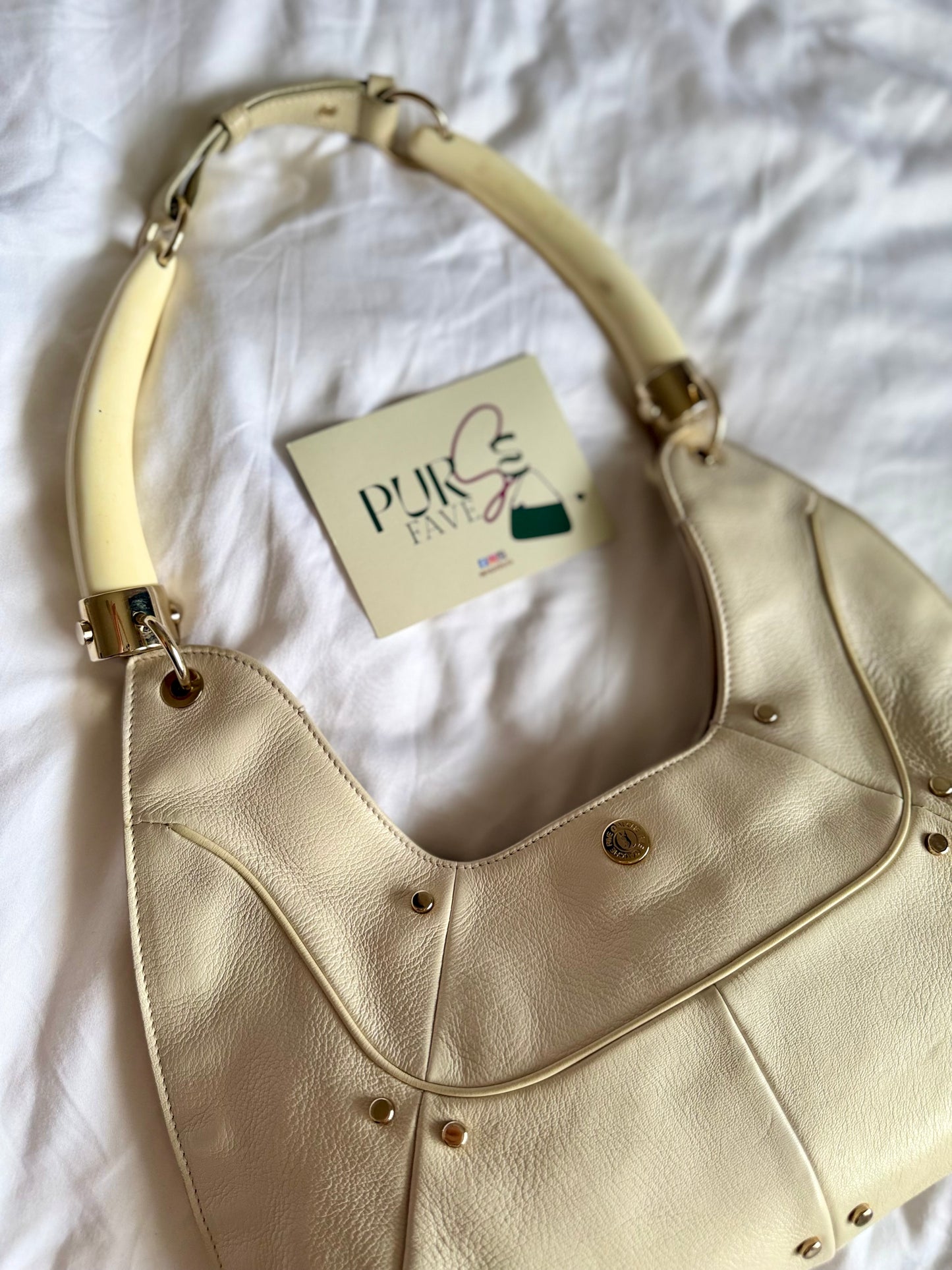 Authentic YVES SAINT LAURENT Mombasa Double Horn Cream Leather Shoulder Bag