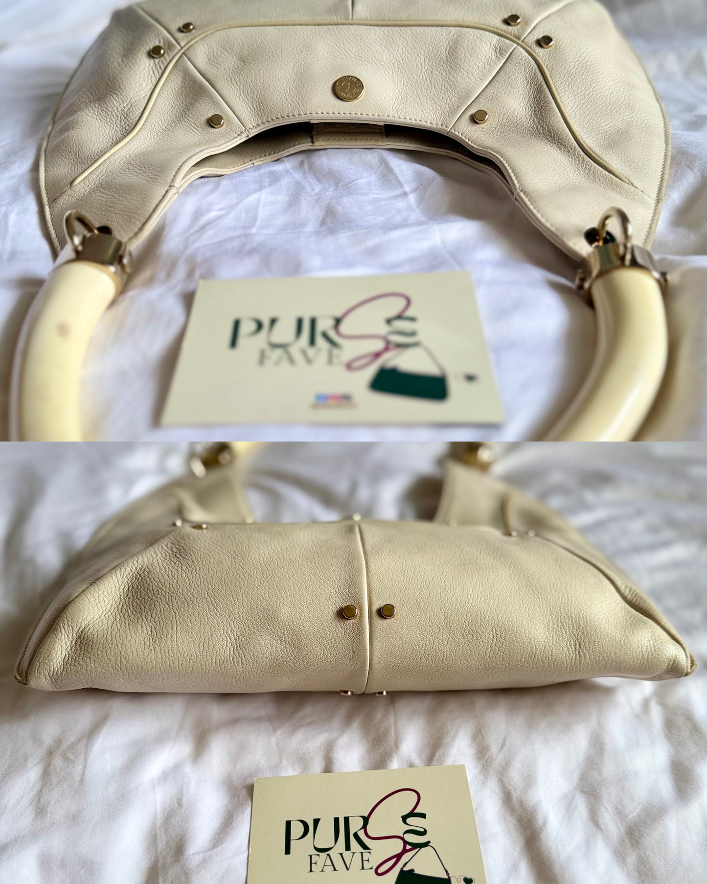 Authentic YVES SAINT LAURENT Mombasa Double Horn Cream Leather Shoulder Bag