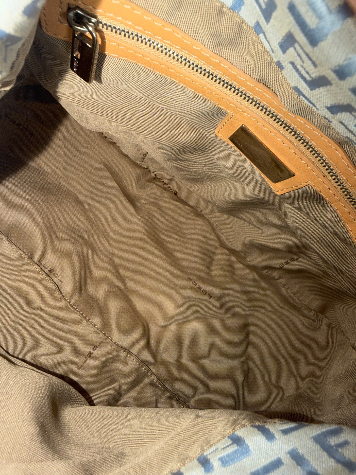 Authentic Vintage Fendi Light Blue Zucchino Canvas Mamma Baguette Shoulder Bag
