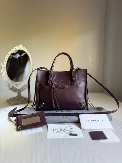 Authentic BALENCIAGA Burgundy Wine Calfskin Leather Mini Papier A4 Magnet Tote Bag