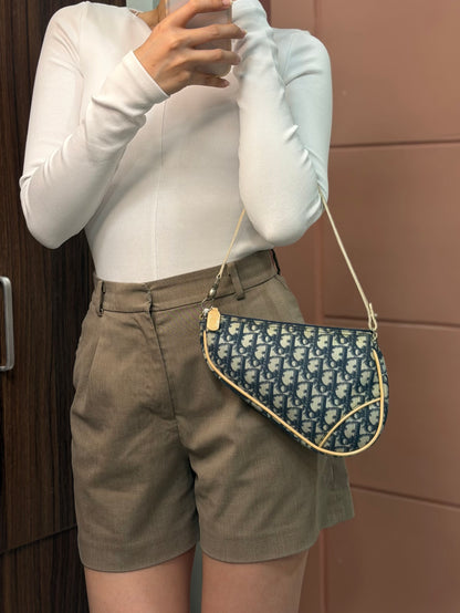 Authentic Vintage CHRISTIAN DIOR Blue Canvas Mini Saddle Pochette Bag