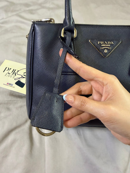 Authentic PRADA Saffiano Lux Galleria Navy Blue Mini Double Zip Tote Crossbody
