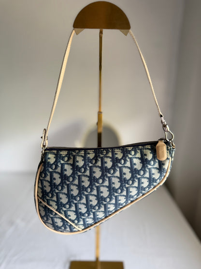 Authentic Vintage CHRISTIAN DIOR Blue Canvas Mini Saddle Pochette Bag