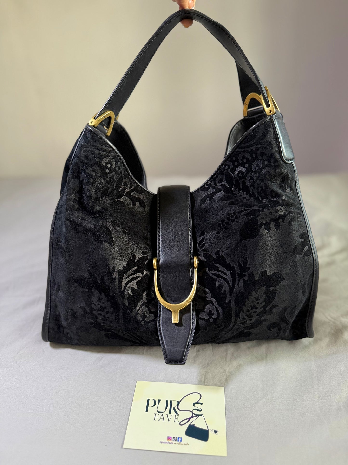 Authentic GUCCI Brocade Black Nubuck & Suede Soft Horsebit Stirrup Tote