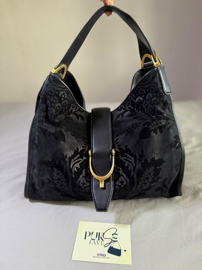 Authentic GUCCI Brocade Black Nubuck & Suede Soft Horsebit Stirrup Tote