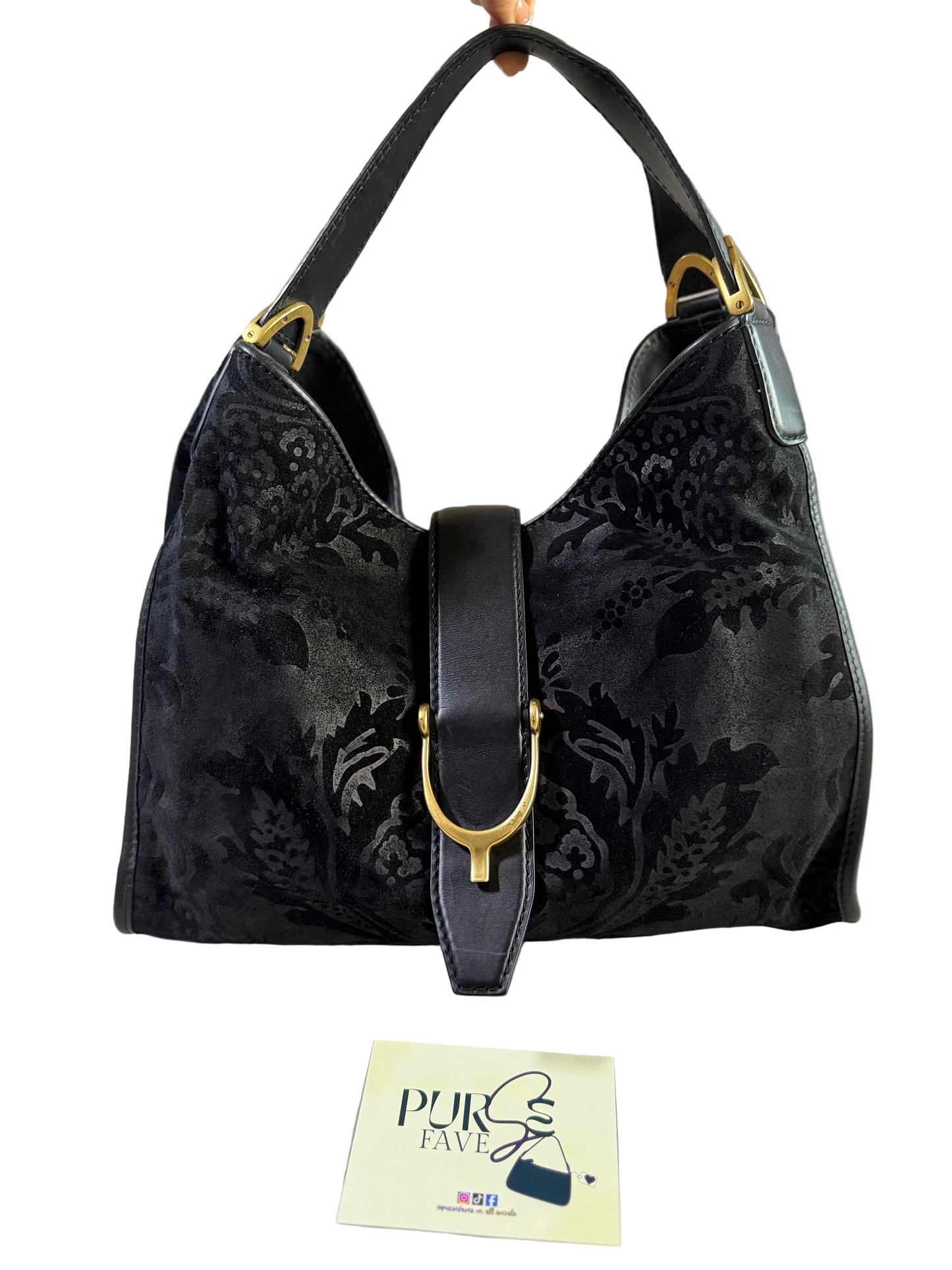 Authentic GUCCI Brocade Black Nubuck & Suede Soft Horsebit Stirrup Tote
