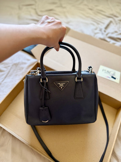 Authentic PRADA Saffiano Lux Galleria Navy Blue Mini Double Zip Tote Crossbody