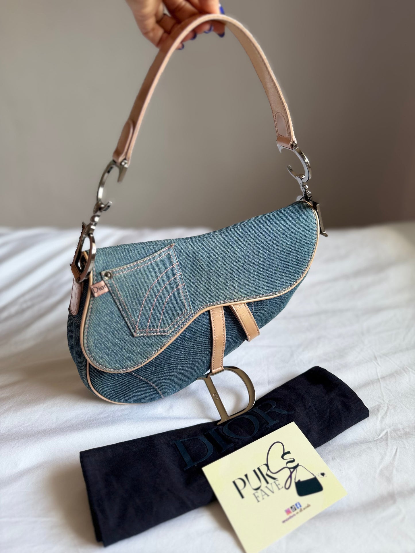 Authentic Vintage Christian Dior Light Blue Denim with Pocket Saddle Shoulder Bag