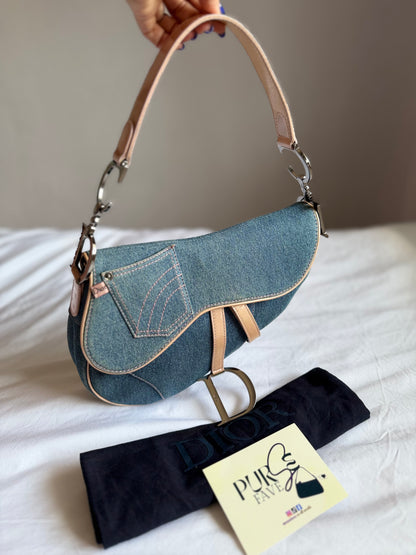 Authentic Vintage Christian Dior Light Blue Denim with Pocket Saddle Shoulder Bag