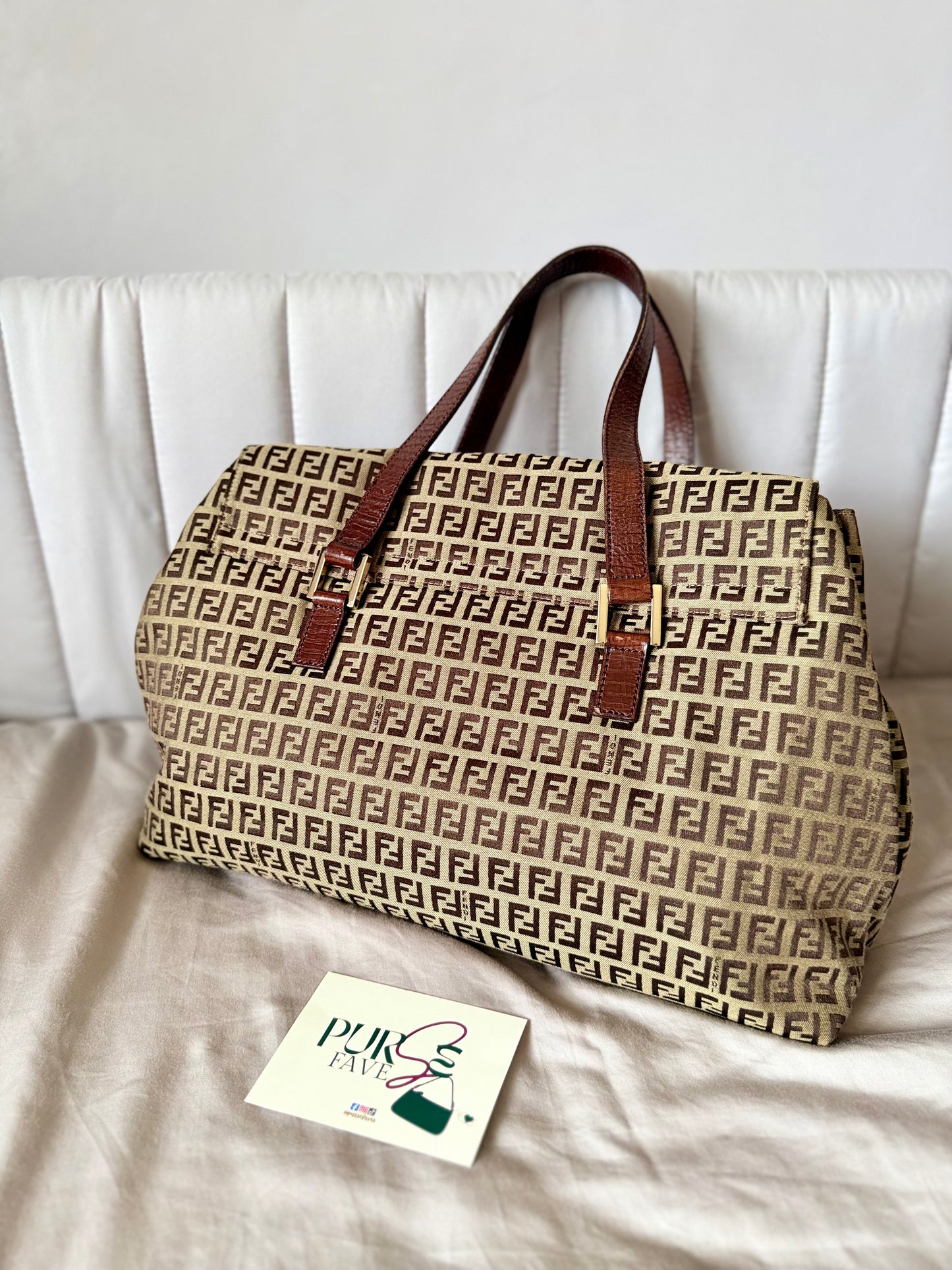 Authentic FENDI Beige / Brown Zucchino Canvas Accordion Large Shopper Tote Bag