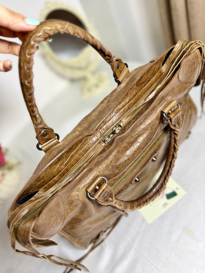 Authentic BALENCIAGA Motocross Classic City Glazed Brown Lambskin Leather Bag