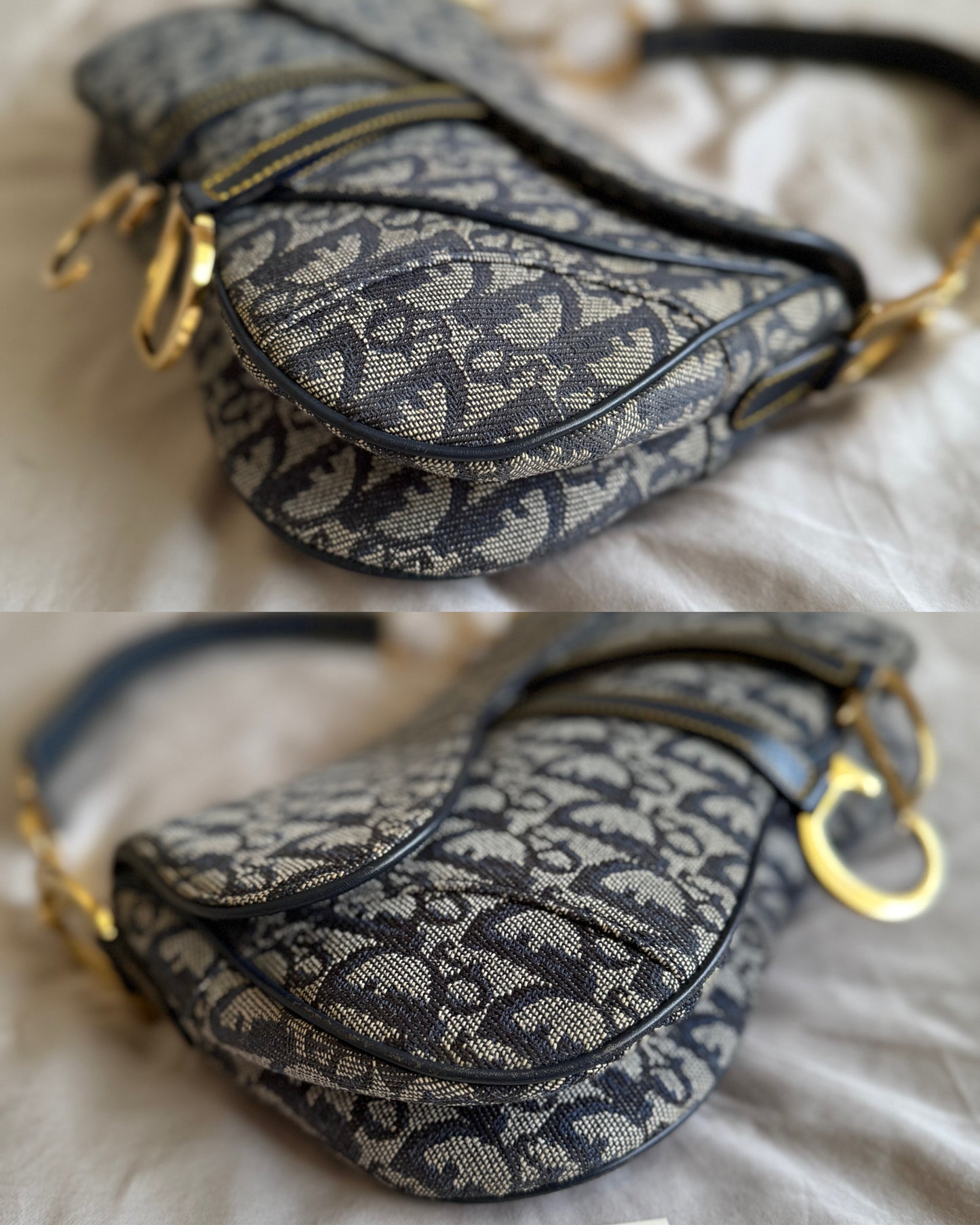 Authentic Vintage Christian Dior by John Galliano Navy Trotter Oblique Canvas Double Saddle Bag