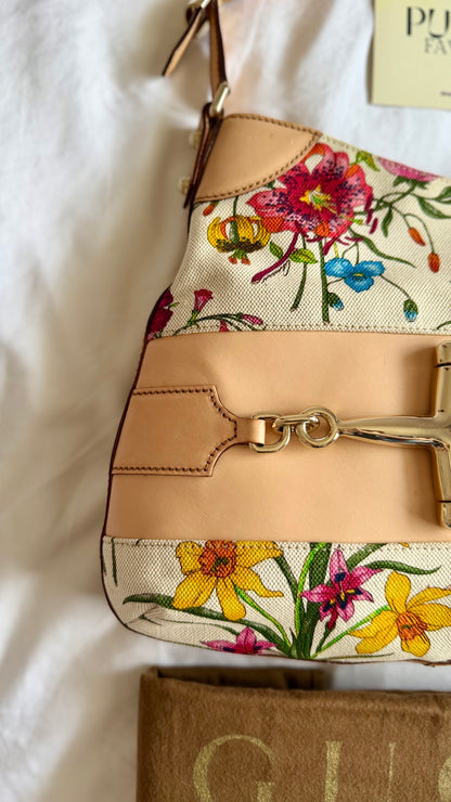 Authentic Vintage GUCCI Hasler Horsebit Flora Canvas Hobo Shoulder Bag
