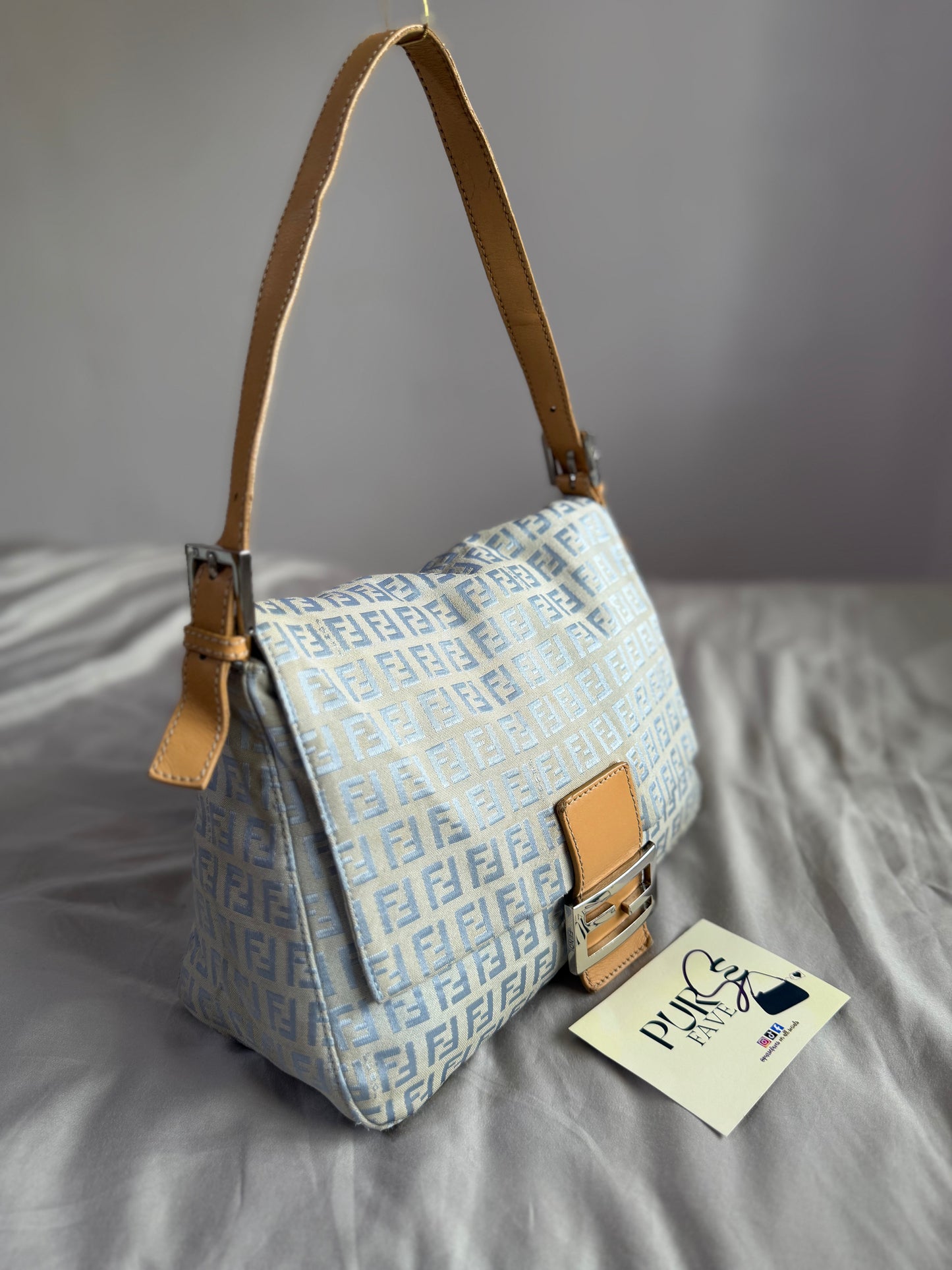 Authentic Vintage Fendi Light Blue Zucchino Canvas Mamma Baguette Shoulder Bag