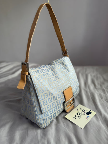Authentic Vintage Fendi Light Blue Zucchino Canvas Mamma Baguette Shoulder Bag