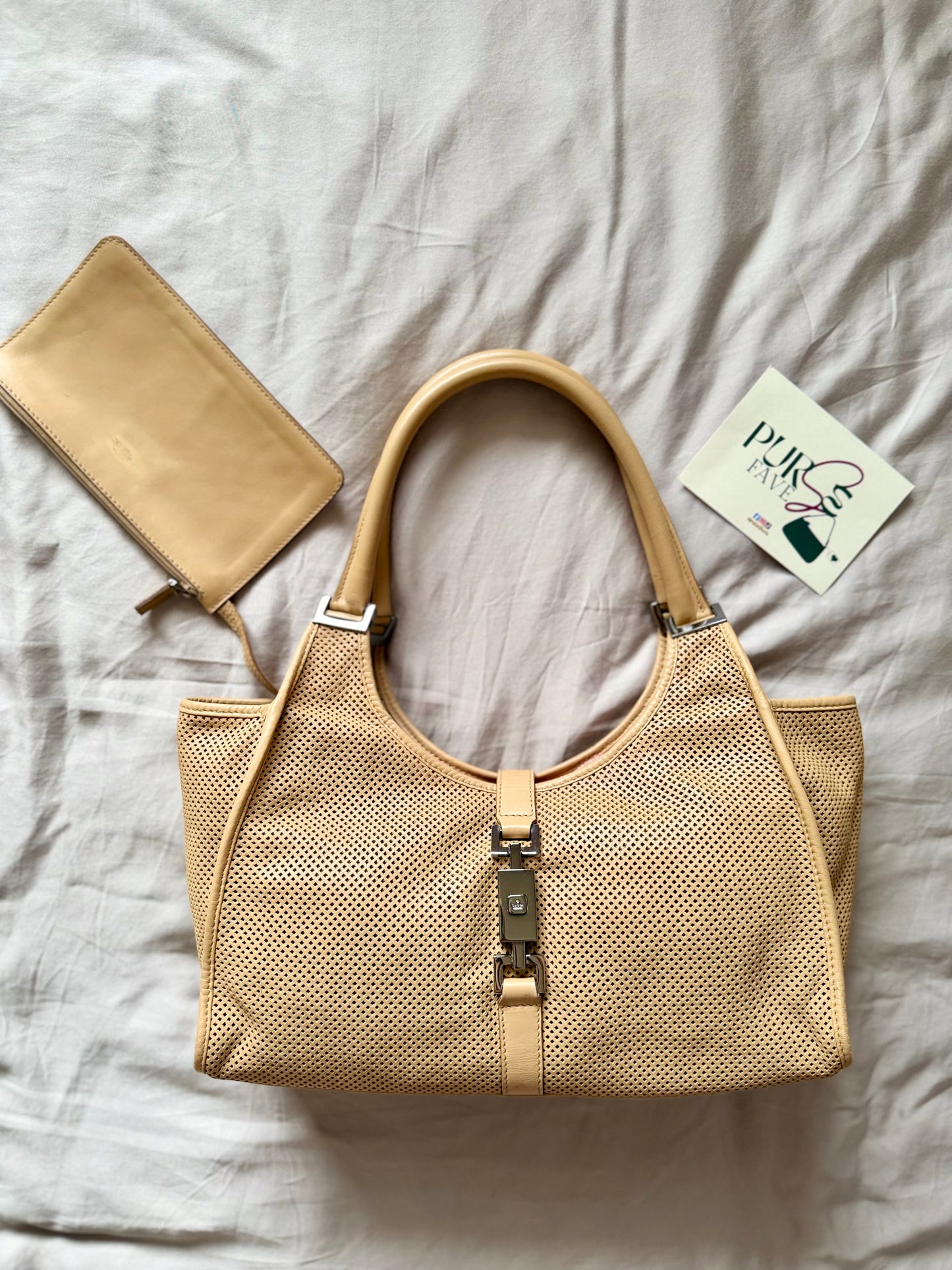 Authentic GUCCI Perforated Leather Jackie x Bardot Tan Hobo Shoulder Bag w/ Pouch (Rare/Limited)