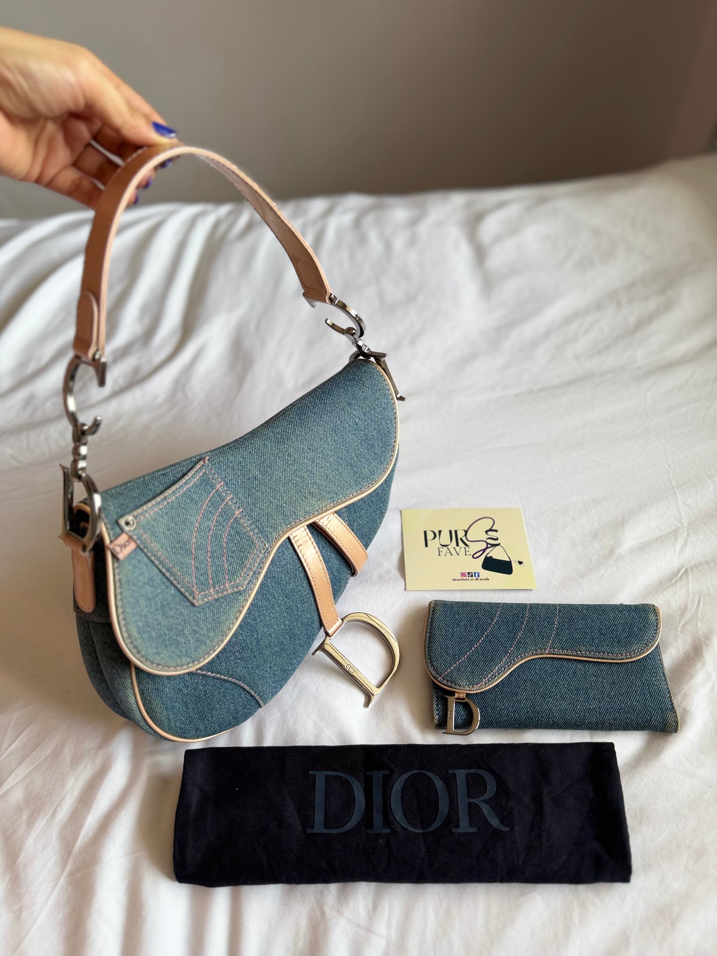 Authentic Vintage Christian Dior Light Blue Denim with Pocket Saddle Shoulder Bag