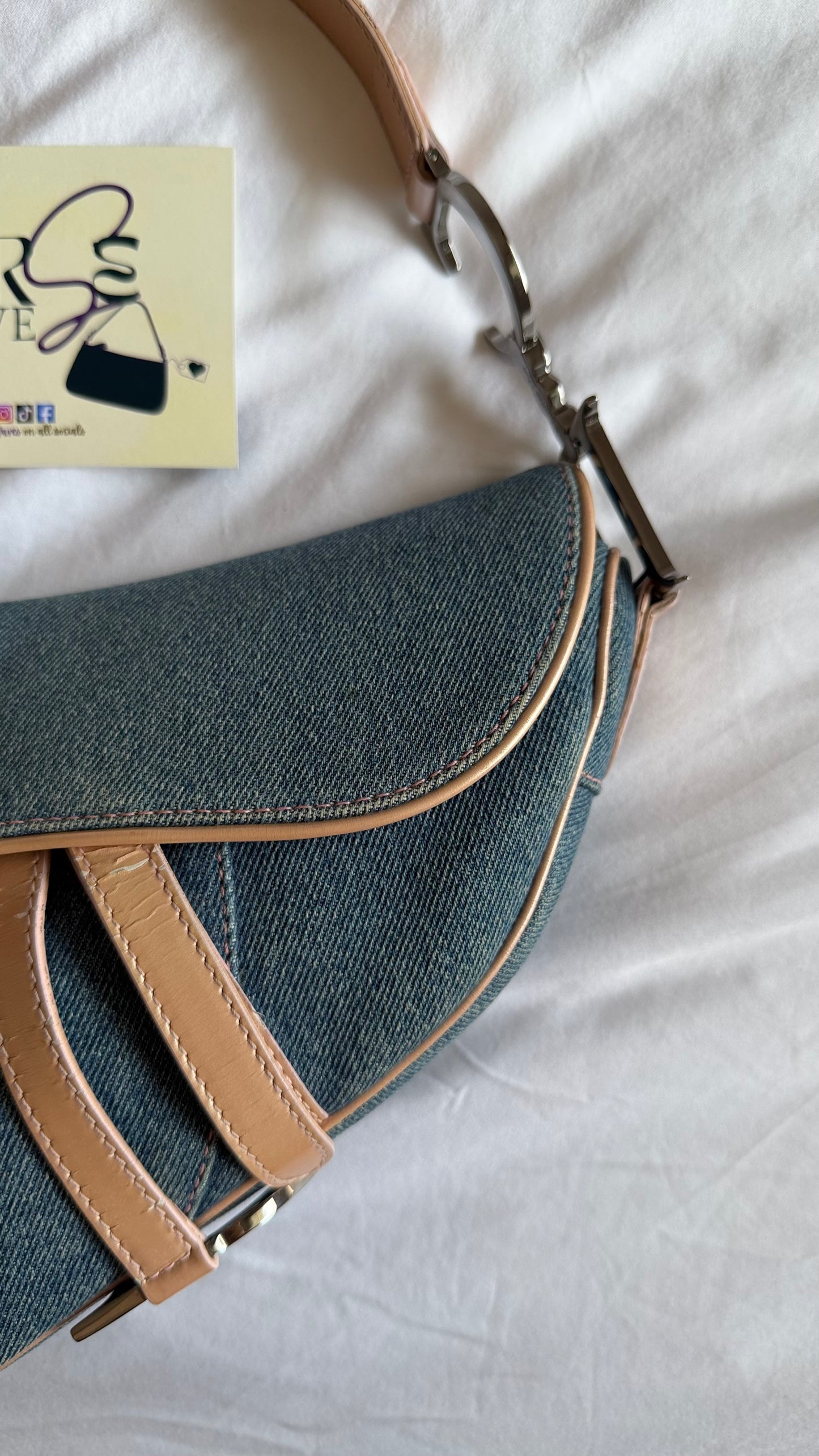 Authentic Vintage Christian Dior Light Blue Denim with Pocket Saddle Shoulder Bag