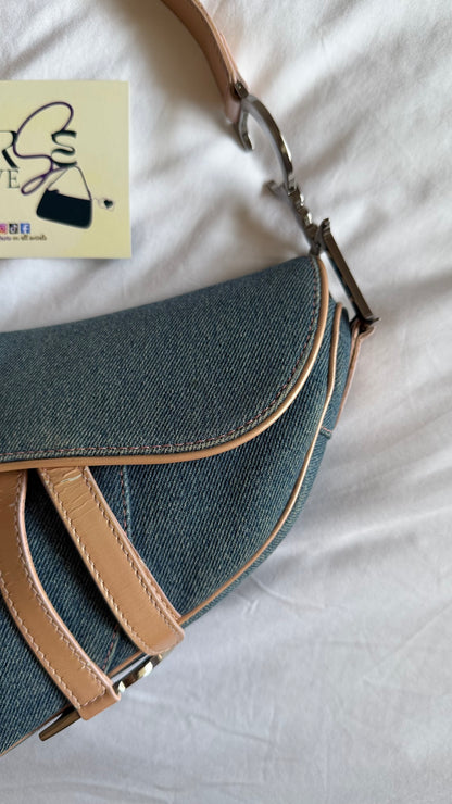 Authentic Vintage Christian Dior Light Blue Denim with Pocket Saddle Shoulder Bag