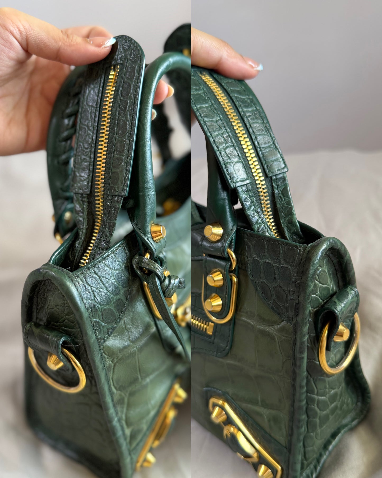 Authentic BALENCIAGA Green Croc-Embossed Leather Mini Classic Metallic Edge City Bag