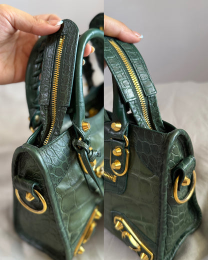 Authentic BALENCIAGA Green Croc-Embossed Leather Mini Classic Metallic Edge City Bag