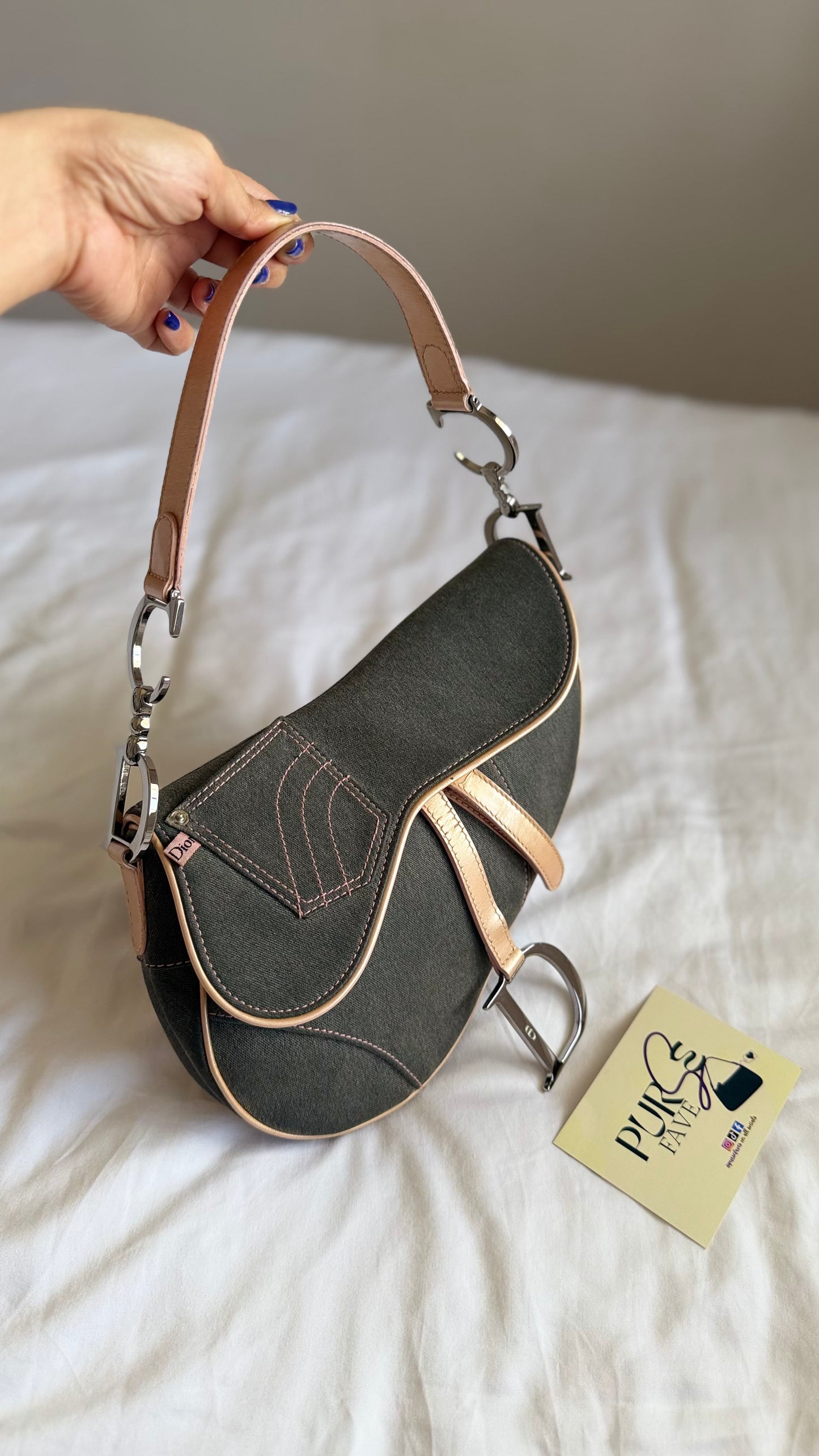 Authentic Vintage CHRISTIAN DIOR Dark Grey Denim with Pocket Saddle Shoulder Bag