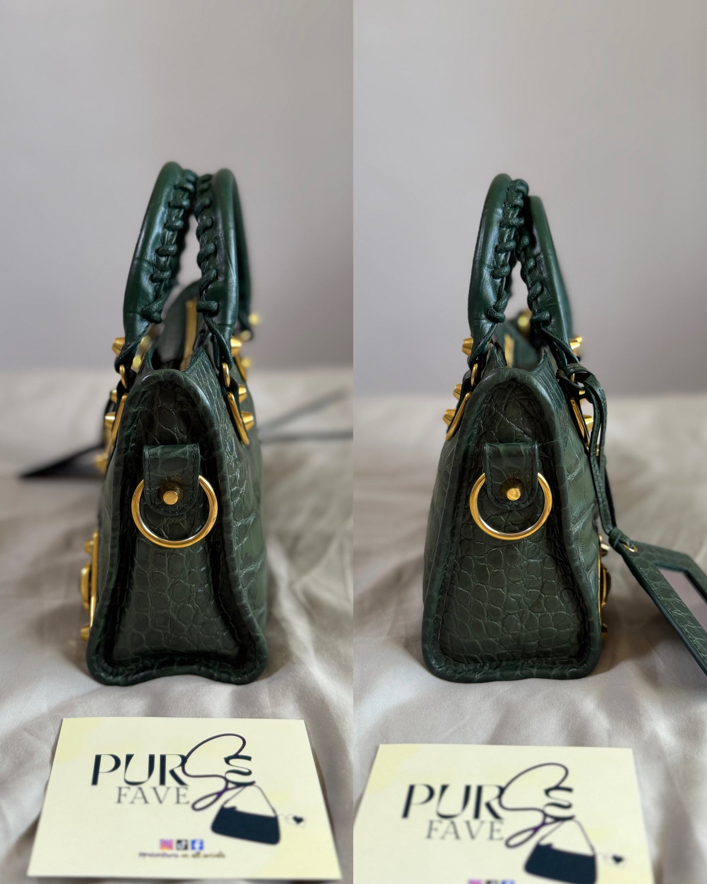 Authentic BALENCIAGA Green Croc-Embossed Leather Mini Classic Metallic Edge City Bag