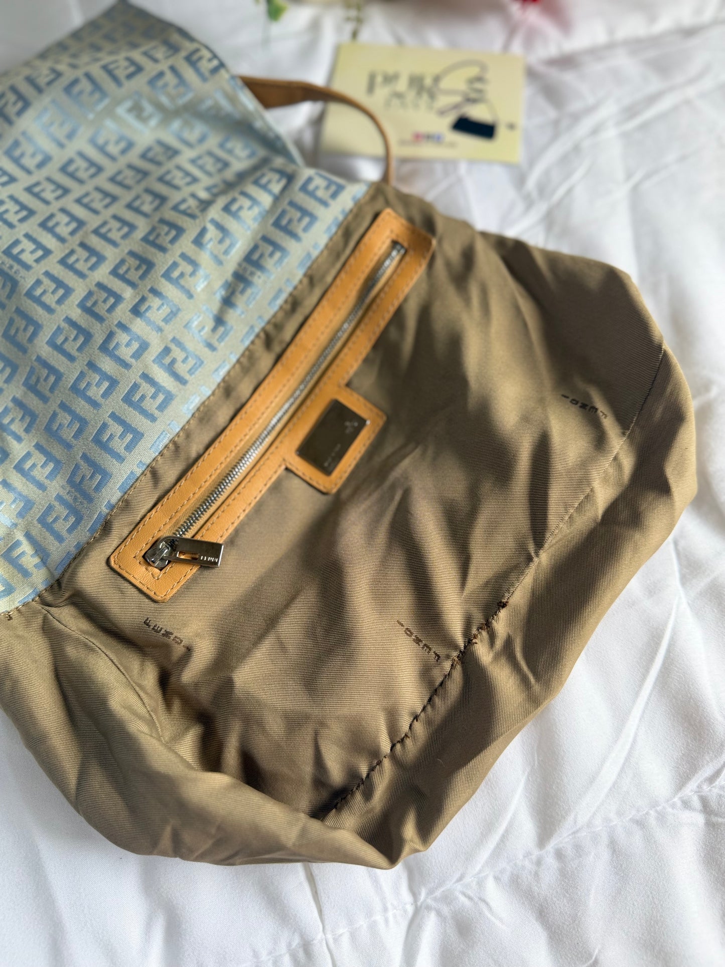Authentic Vintage Fendi Light Blue Zucchino Canvas Mamma Baguette Shoulder Bag