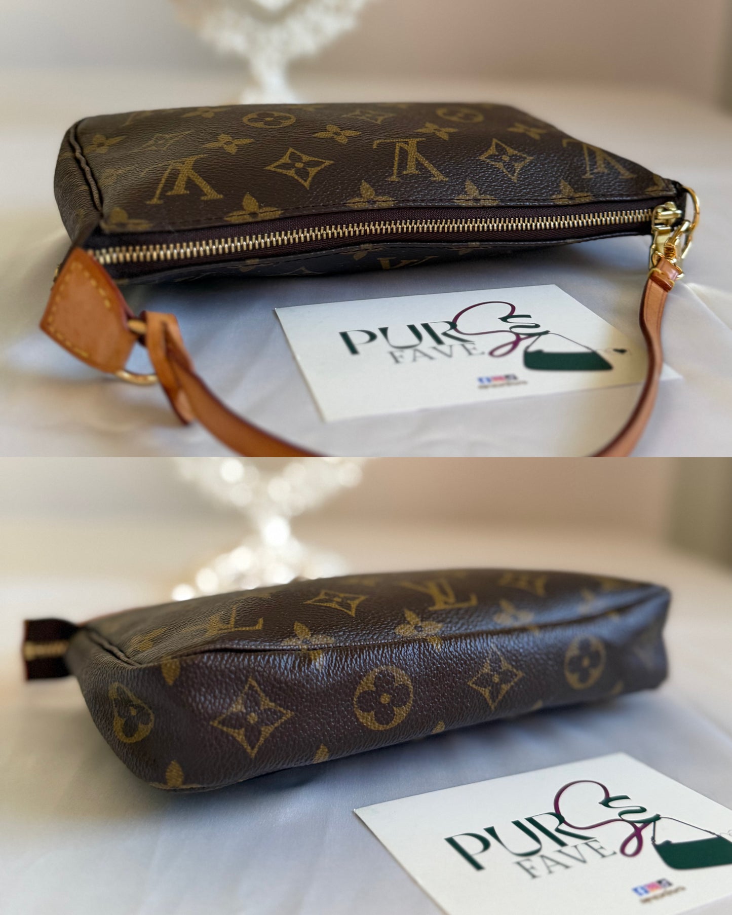 Authentic LOUIS VUITTON Pochette Accessoire Clutch Brown Monogram Canvas Leather Shoulder Bag