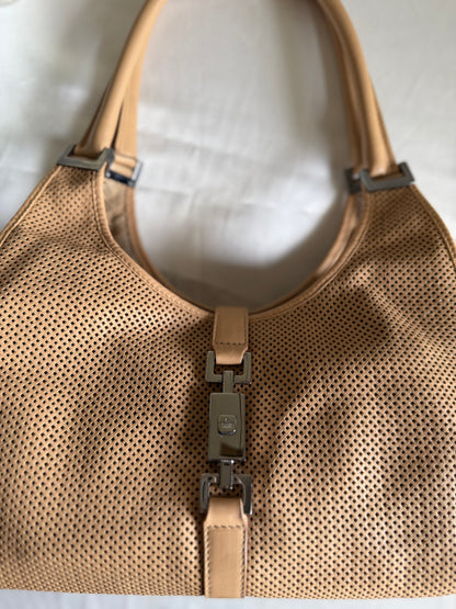 Authentic GUCCI Perforated Leather Jackie x Bardot Tan Hobo Shoulder Bag w/ Pouch (Rare/Limited)