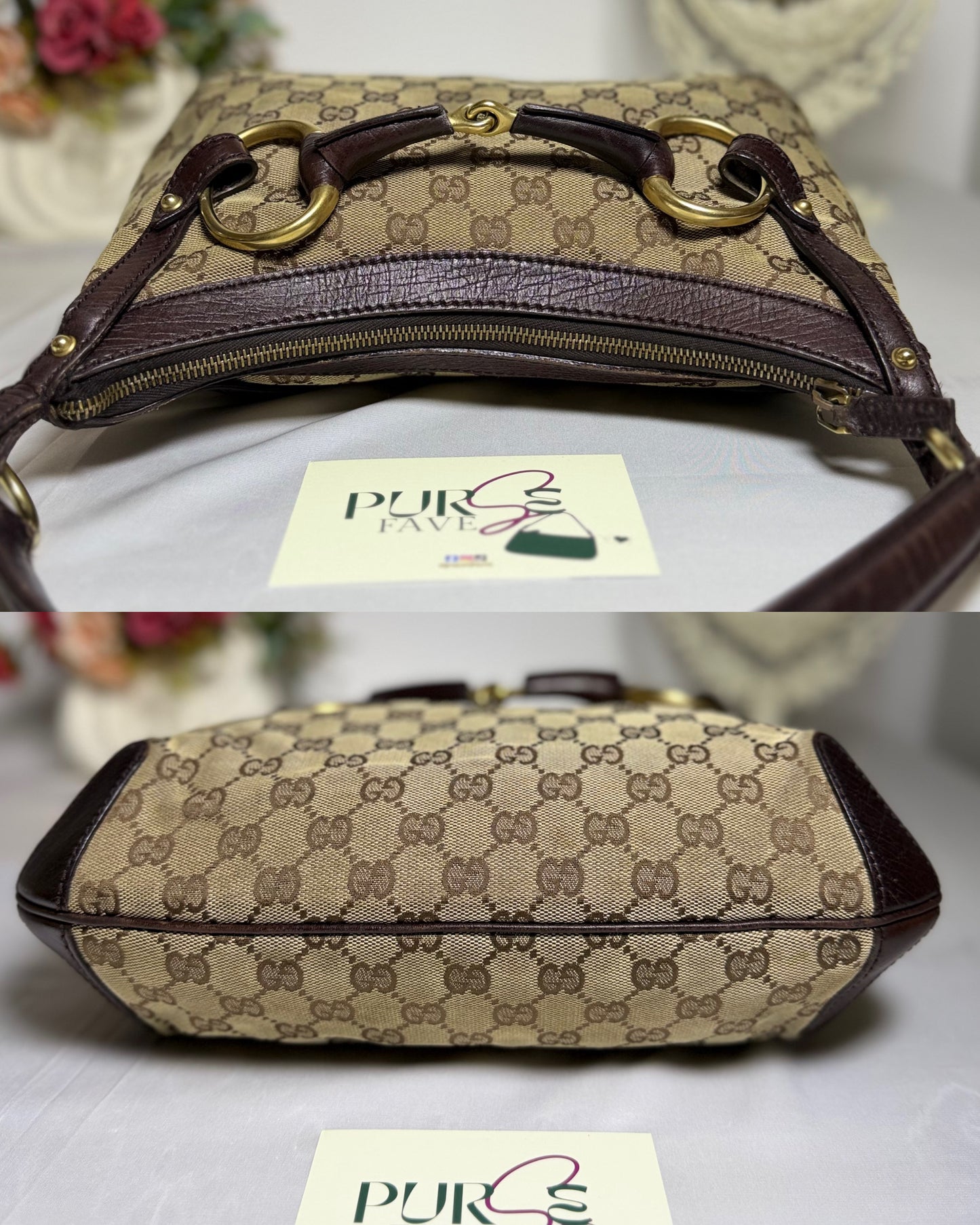 Authentic GUCCI Horsebit GG Canvas Brown Hobo Shoulder Bag
