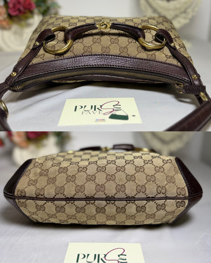 Authentic GUCCI Horsebit GG Canvas Brown Hobo Shoulder Bag
