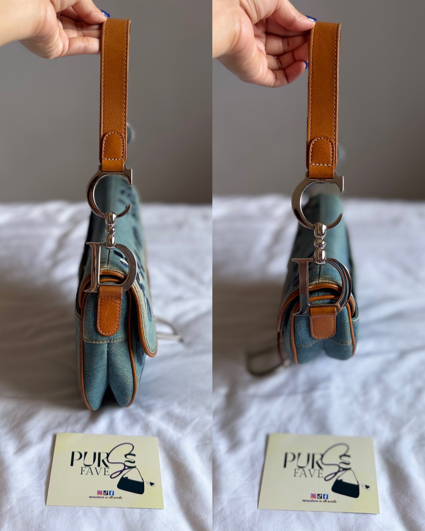 Authentic Vintage Christian Dior Light Blue Denim Saddle Shoulder Bag w/ Embroidered Floral & Butterfly Motifs