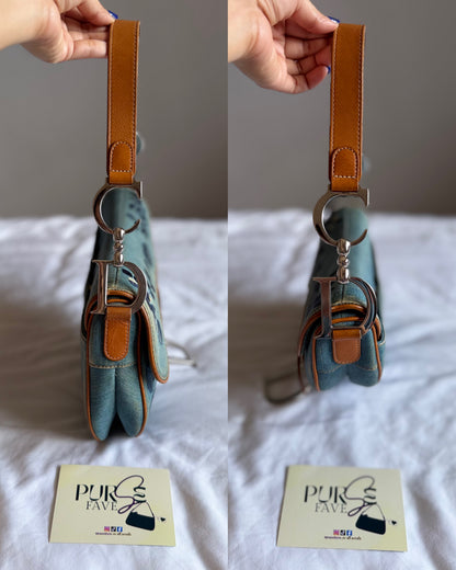 Authentic Vintage Christian Dior Light Blue Denim Saddle Shoulder Bag w/ Embroidered Floral & Butterfly Motifs
