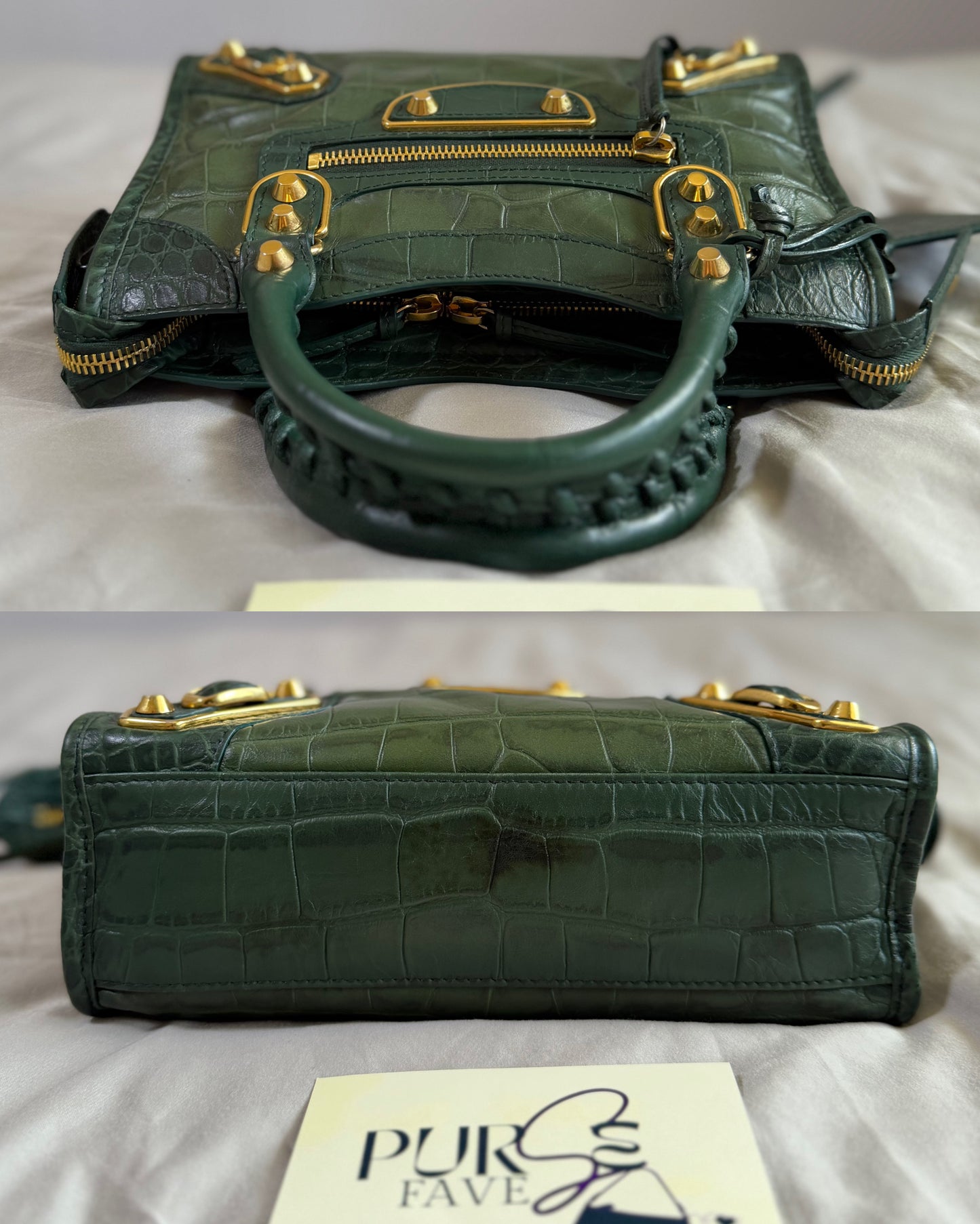 Authentic BALENCIAGA Green Croc-Embossed Leather Mini Classic Metallic Edge City Bag